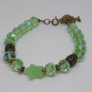 Handmade Elegant Green Glass Beads Bracelet and Charm with Vintage Metal Look 8"